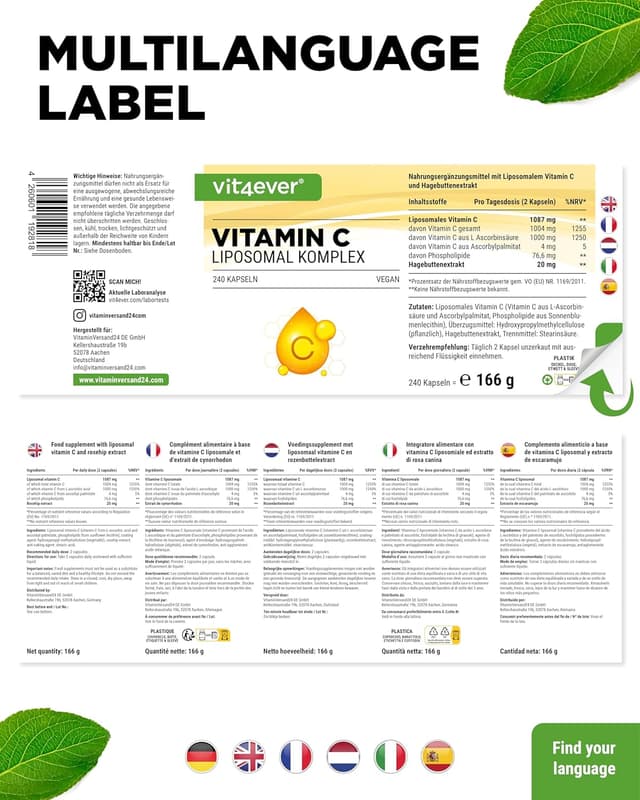 Detalle 2 de Vit4ever Liposomales Vitamin C – 240 vegane Kapseln (1000 mg/Tag) für eine hochdosierte Zufuhr