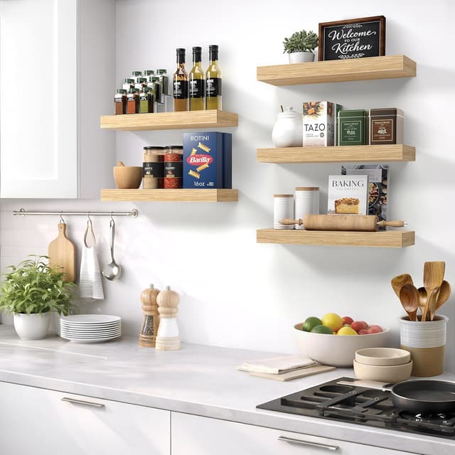 Detalle de Sorbus Floating Shelves for Wall, 16-Inch Maple Wood Bathroom Shelves (2 Pack) with Invisible Brackets