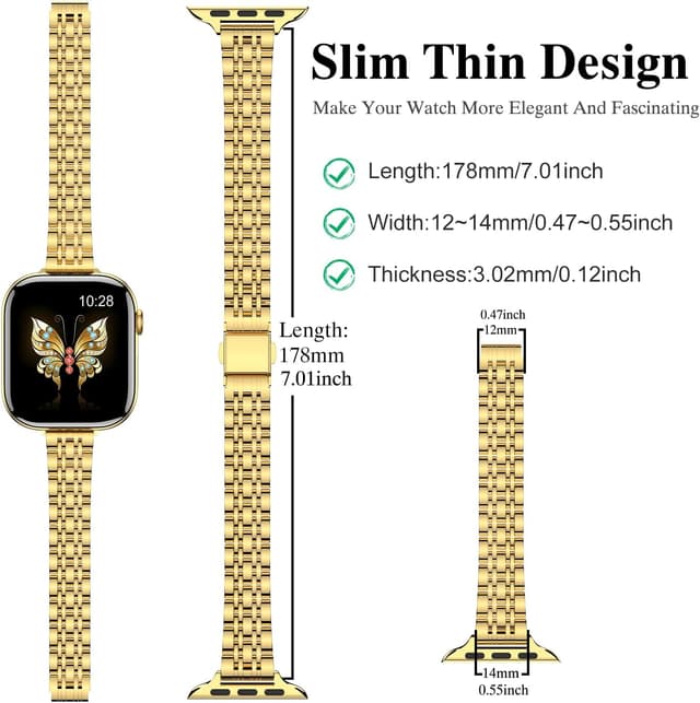 Detalle de MioHHR Slim Straps Thin Stainless Steel Chain Band for Apple Watch (Gold) – 42mm–49mm compatible