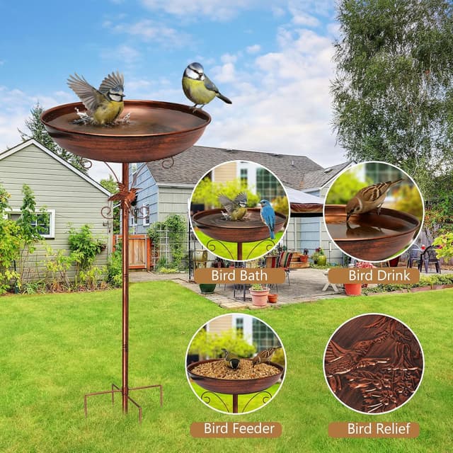 Detalle de Newthinking 40-inch freestanding metal bird bath with 5-pronged base and vintage-style relief bowl