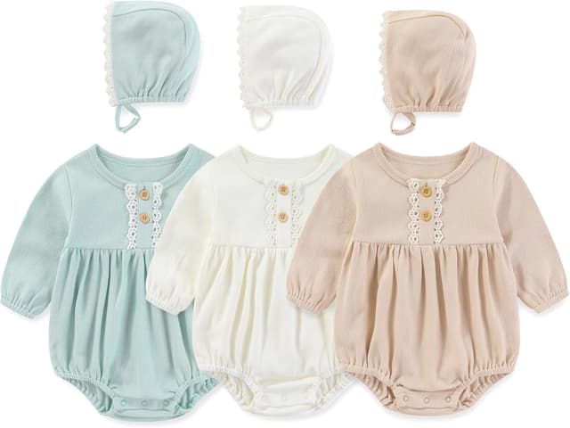 Detalle de MAMIMAKA Newborn Baby Girl Cotton Bubble Romper Bodysuit 3-Pack (Long Sleeve)