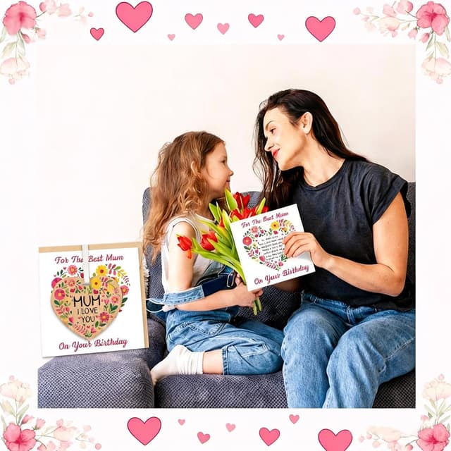 Detalle de TheGiffter Mum Birthday Card with Wooden Heart Plaque Gift Set (150x150mm) + Envelope