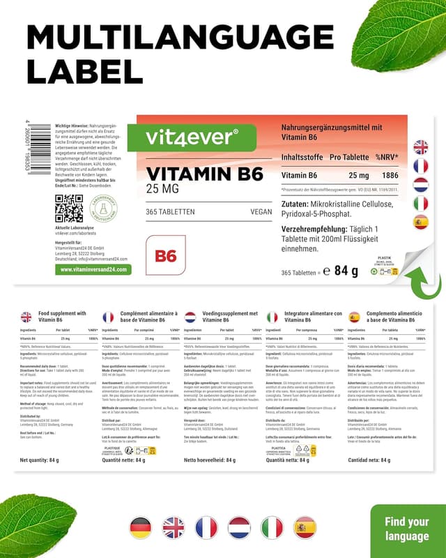 Thumbnail 5 de vit4ever Vitamin B6 P-5-P 25 mg 365 Tabletten