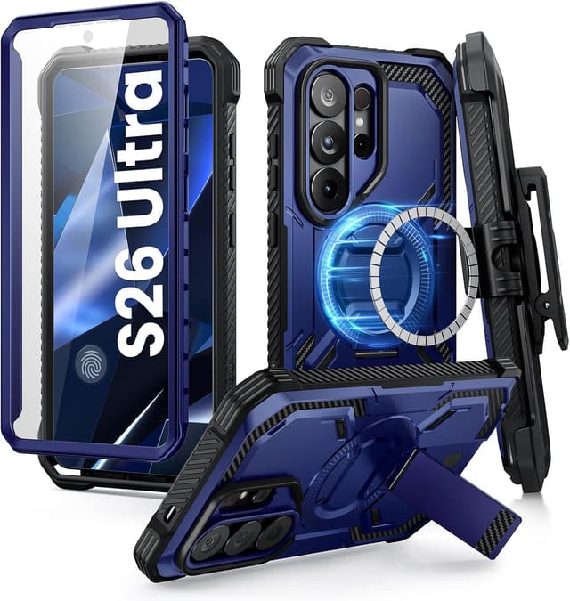 Detalle de i-Blason Armorbox for Samsung Galaxy S26 Ultra Case with MagSafe, Built-in Screen Protector & Belt Clip (Blue)