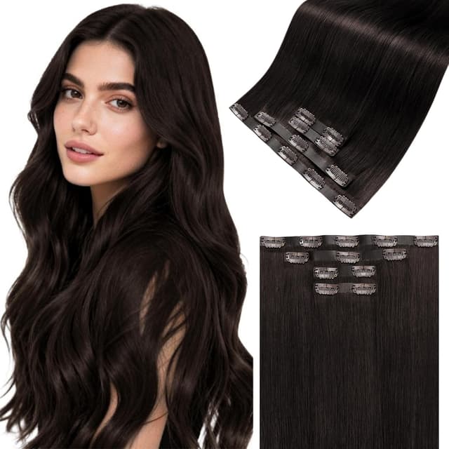 Detalle de LaaVoo Invisible Clip-in Extensions aus Echthaar, dunkelbraun (#2) – 40 cm, 4 Clips (4 Stk., 80 g)