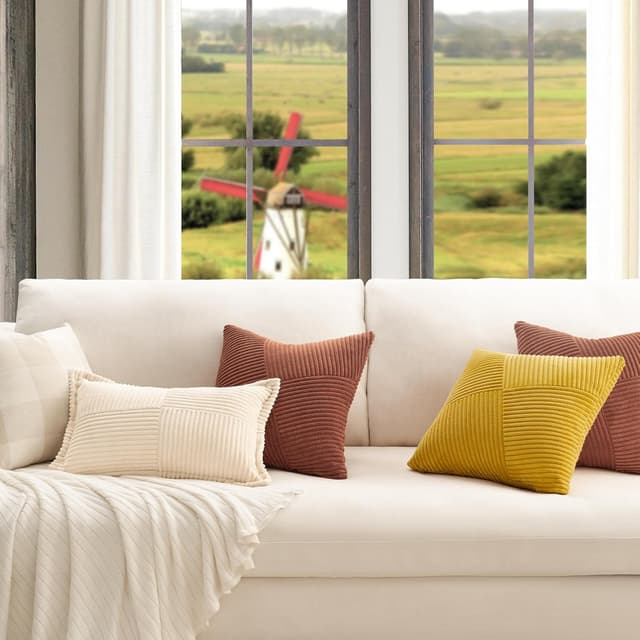 Detalle de Topfinel Kissenbezug 50x50 Herbst Karamell Orange/Rost im 2er-Set – Kordsamt mit Streifenmuster