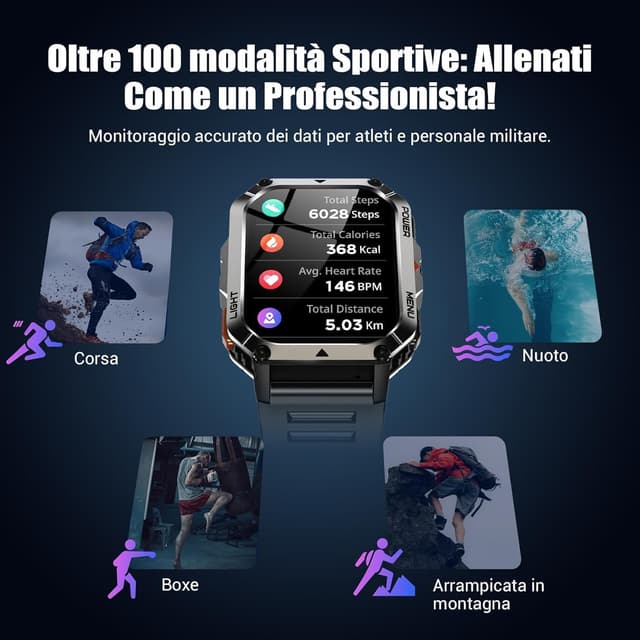 Detalle de IOWODO Smartwatch Uomo Militare 2.01” IP68 con Bluetooth, torcia LED e 123 modalità sportive
