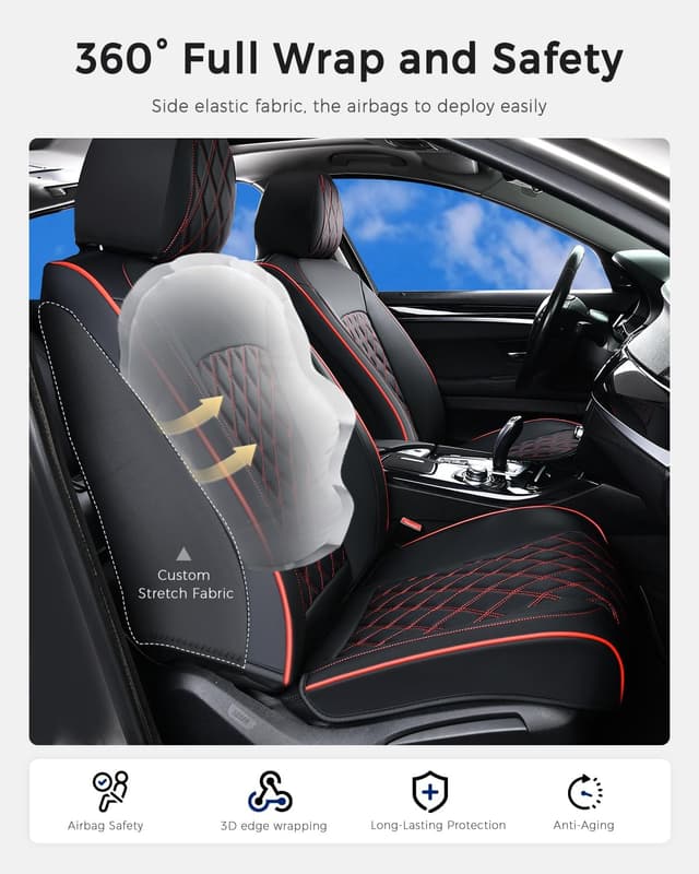 Detalle de Huidasource Nappa Leather Seat Covers (Full Set, Black & Red) — Velcro-Adjustable, Airbag-Compatible