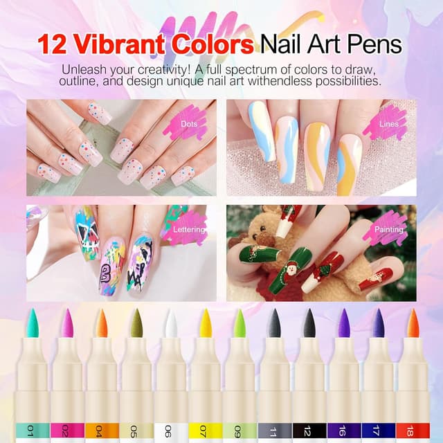 Detalle de 12 Farben Nagelkunst Stift-Set für DIY Nail Art – Graffiti- & Malstifte Marker mit Liner & Punktierstift (12-teilig)