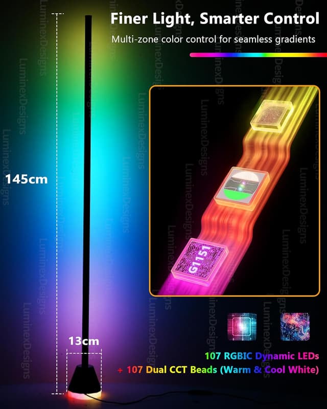 Detalle de LuminexDesigns Smart LED Floor Lamp RGBIC (WiFi) with RGBIC effects, music sync and Alexa control