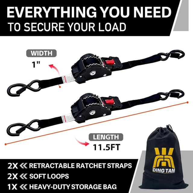 Detalle 2 de Retractable Ratchet Straps (2-Pack) 1 in x 11.5 ft, 1,800 lb break strength—Orange tie-downs for trucks and motorcycles