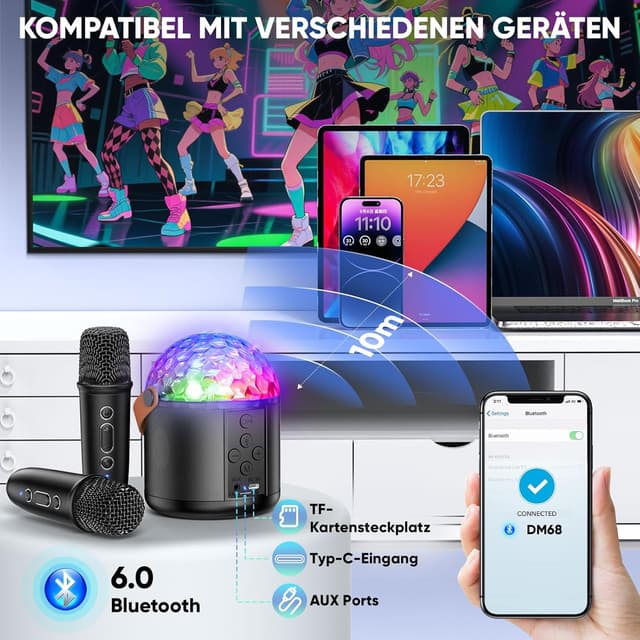 Detalle de Dislocati Karaoke-Maschine mit 2 Karaoke-Mikrofonen, Bluetooth-Lautsprecher & Disco-Licht – für Kinder und Erwachsene (3–15 Jahre)