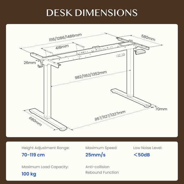 Detalle 2 de FLEXISPOT Höhenverstellbares Schreibtischgestell 70–119 cm