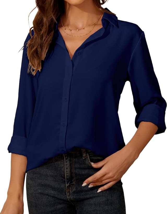 Detalle de Damen Button-Down Langarm-Bluse aus Chiffon mit Knopfverschluss – V-Ausschnitt & klassische Hemd-Optik