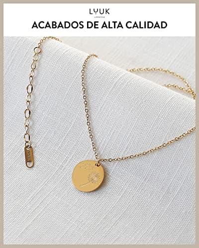 Detalle 2 de LUUK LIFESTYLE collar de acero inoxidable con colgante diente de león, chapita flor y tarjeta HAPPINESS (50 cm)