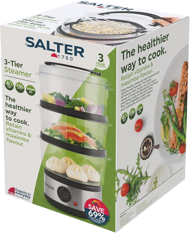 Detalle de Salter 3 Tier Electric Food Steamer (7.5L) with Stackable Baskets & 60 Minute Timer