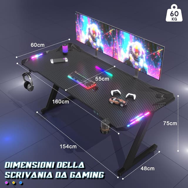 Detalle de JUMMICO Scrivania Gaming LED RGB 160x60