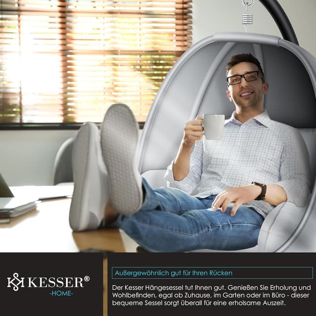 Detalle de KESSER® Luxe Hängesessel mit Gestell, Sitz- & Rückenkissen sowie Abdeckung – Indoor & Outdoor, bis 150 kg, grau