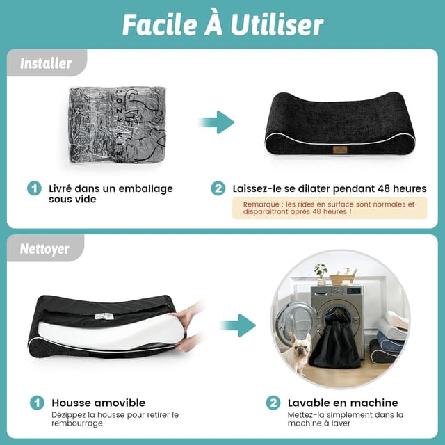 Detalle 2 de COZY KISS Panier Chien XL orthopédique 130x90x20 cm avec coussin lavable – noir