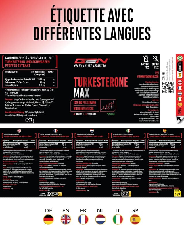 Detalle de Turkesteron Max GEN GERMAN ELITE NUTRITION – 120 capsules (1510 mg par portion journalière, vegan)