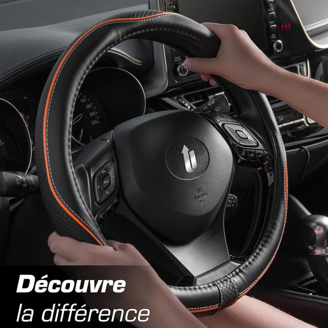 Detalle de Upgrade4cars Couvre-volant noir et orange en simili-cuir, housse universelle 37-38 cm