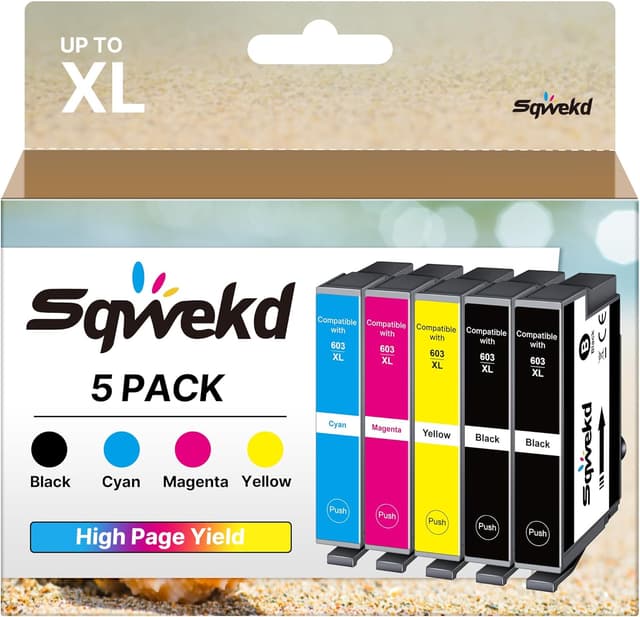 Detalle de Sqwekd 603XL cartucce d’inchiostro compatibili per Epson (5 pack: 2 Nero, 1 Ciano, 1 Magenta, 1 Giallo)