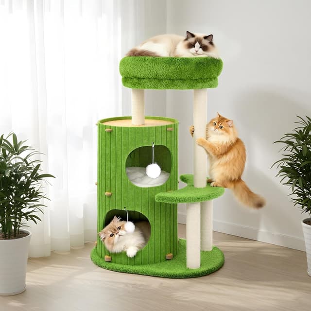 Detalle de BSWAY Luxus Kratztonne für Katzen – XXL-Kletterbaum mit Schlafhaus, Sisalbrett und abnehmbarem Bett