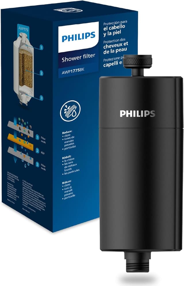Detalle de Philips Filtre de douche Water 50 000 L noir — réduit le chlore jusqu’à 99%