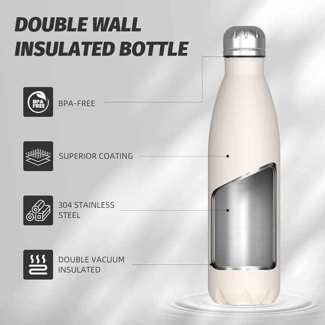 Detalle de WATERSY double-walled stainless steel insulated water bottle (500ml) – 24 hrs cold, 12 hrs hot, BPA-free (ivory beige)