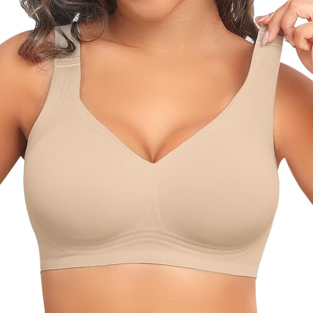 Detalle de PoseFree Women’s Seamless Wireless Supportive Bra with Gel-Like 4-Layer Support (Push Up Comfort, Full Coverage T-Shirt Bra)