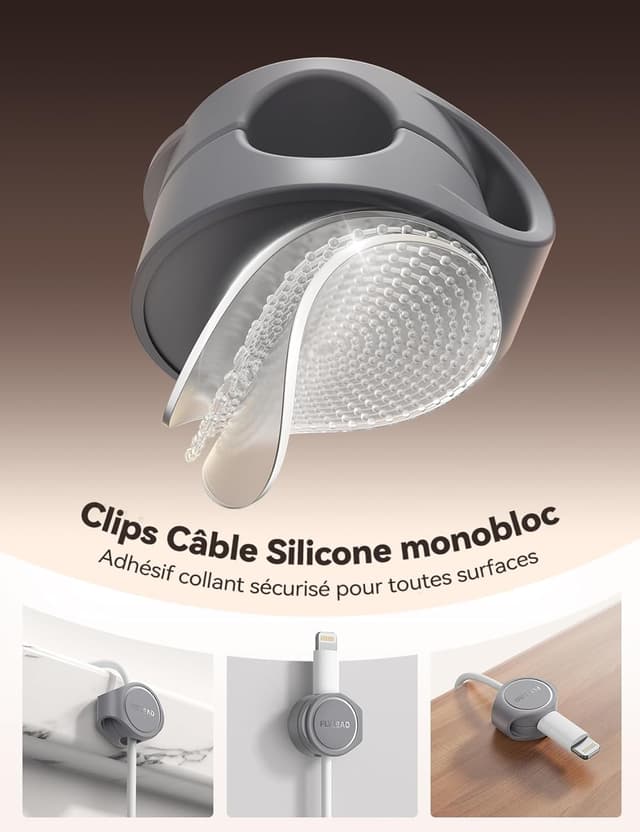 Detalle de FLYLEAD (8 pièces) clips de câble en silicone avec fixation magnétique et adhésif acrylique, gris