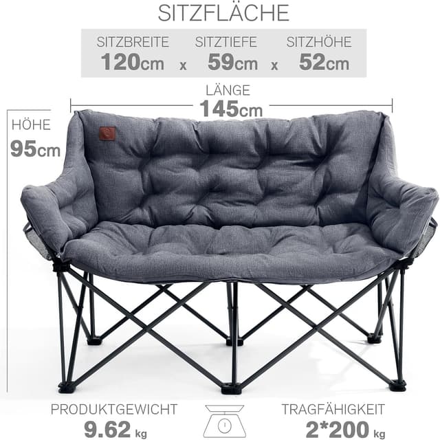 Detalle de EVER ADVANCED Campingstuhl faltbar 145 cm breit: 2-Sitzer Campingsofa mit hoher Lehne, bis 400 kg belastbar