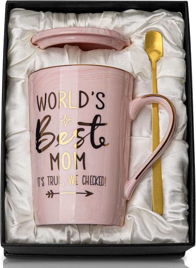 Detalle de Mothers Day Birthday Gifts for Mom from Daughter Son – 14oz Funny “World’s Best Mom” Mug Set in Pink Marble with Gold Print (Gift Boxed Set)