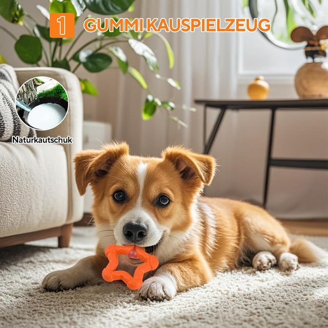 Detalle de LIFLIX Welpenspielzeug für kleine Hunde (4-teilig) – Fuchs-Plüsch mit Quietsch & Kauspielzeug aus Naturkautschuk