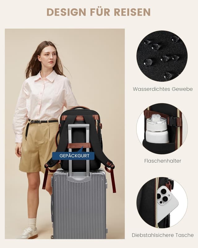 Thumbnail 6 de LOVEVOOK Handgepäck Rucksack für 17,3 Zoll (40L) – 45x30x20 cm, wasserdichtes Reise- und Business-Backpack in Schwarz Beige Braun