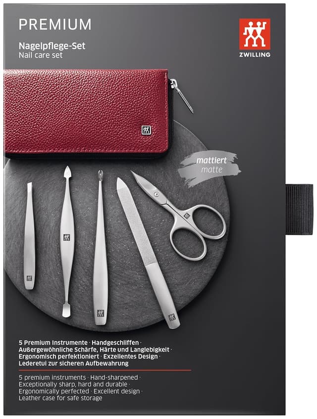 Detalle de ZWILLING Maniküre-Set Premium 5-teilig mit Kombi-Nagelschere im Echtleder-Etui (Rot)