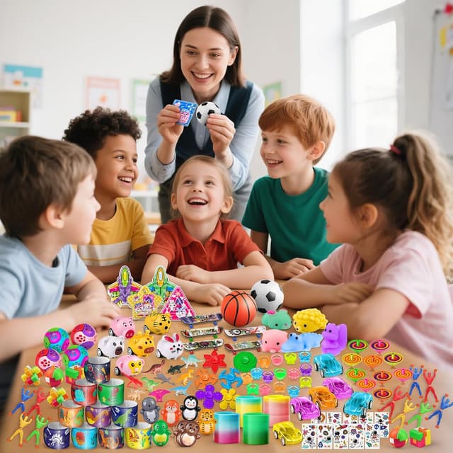 Detalle de Amy&Benton — Lot de 120 pièces de cadeaux anniversaire enfants (bracelets, toupies, pinata et pochettes surprise)