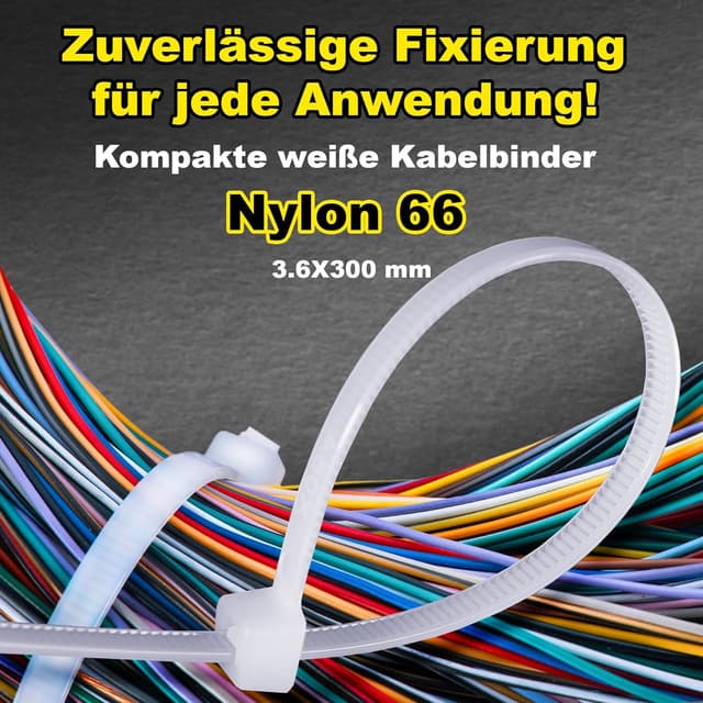 Detalle 2 de UNET Nylon Kabelbinder weiß (3,6 x 300 mm) – 100 Stück, selbstverriegelnd, bis 18 kg, UV- und wetterbeständig
