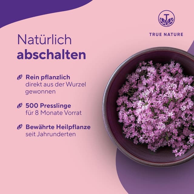 Detalle de True Nature Baldrian Presslinge – hochdosierte Baldrianwurzel (Valeriana officinalis) mit 500 mg pro Pressling