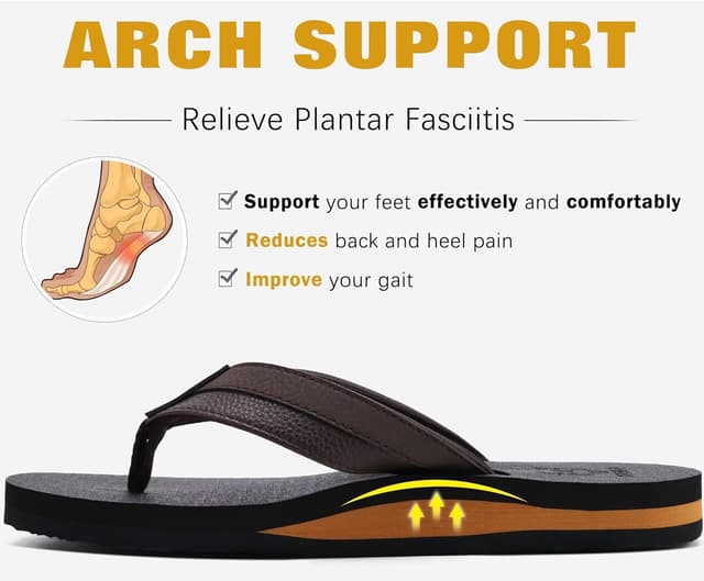 Detalle de KuaiLu men’s leather arch support flip flops with cushioned yoga foam and non-slip sole