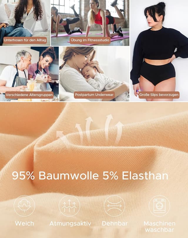 Detalle de INNERSY 5er-Pack Damen-Slips aus Baumwolle mit Stretch, hohe Taille (weich & alltagstauglich)