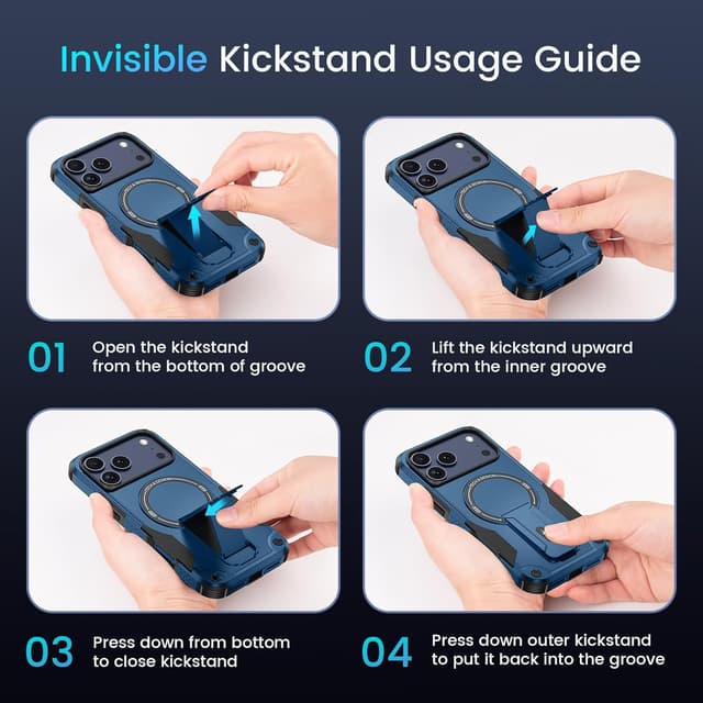 Detalle de 3-in-1 iPhone 17 Pro case with MagSafe, invisible kickstand & HD screen protector (Blue)