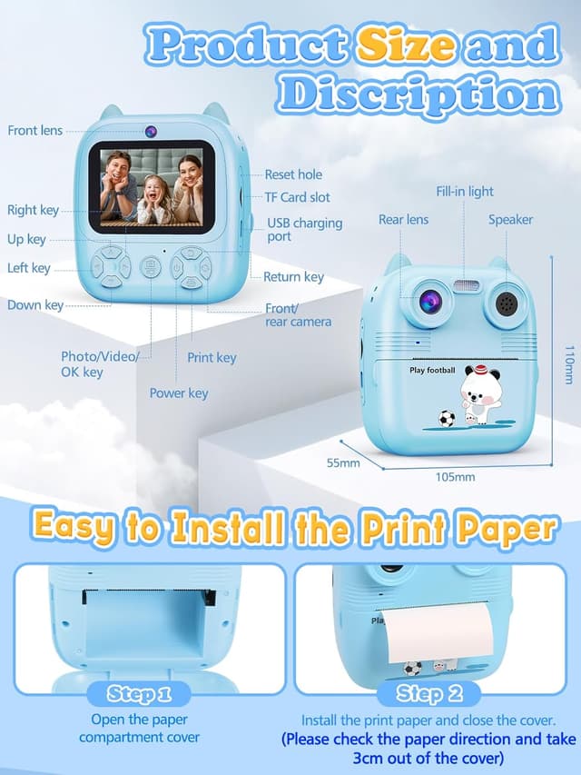 Detalle 2 de Macchina fotografica Bambini istantanea 48MP Dual-Camera con stampa 4 rulli e schermo IPS 2,4