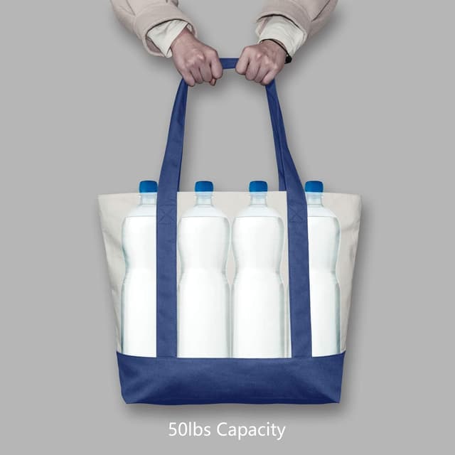 Detalle de TOPDesign 30-Pack 12oz Cotton Canvas Reusable Grocery Bags with Exterior Pocket and Top Zipper (Blue/Natural)