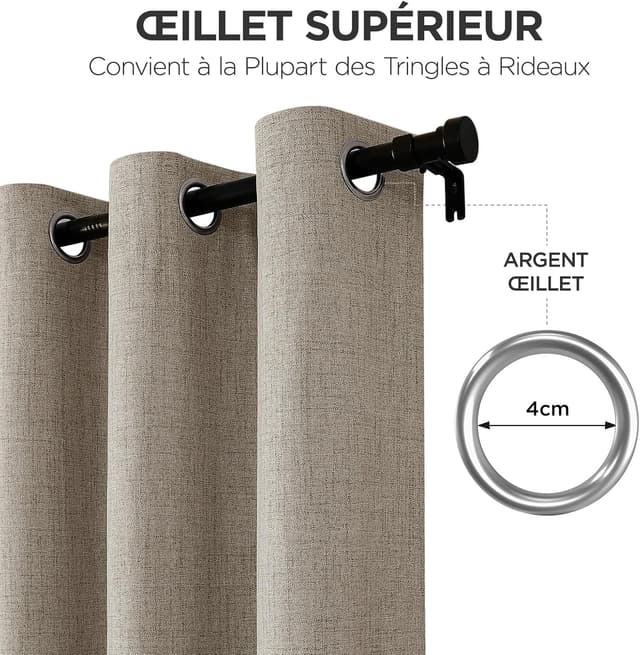 Detalle de Joydeco rideaux occultants thermiques isolants anti-froid et anti-chaleur 132x210 cm (lot de 2) avec effet lin à œillets
