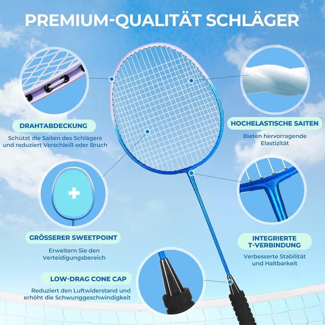 Detalle de HIRALIY Badminton-Schläger-Set (4er, für Kinder & Erwachsene) inkl. 12 Nylon-Volanten, Ersatz-Griffbändern und Tasche