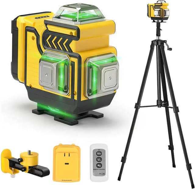 Detalle de ansigtny Kreuzlinienlaser mit Stativ – 4×360° grüne Linien, selbstnivellierend (±3°), 1,6 m Stativ & Fernbedienung