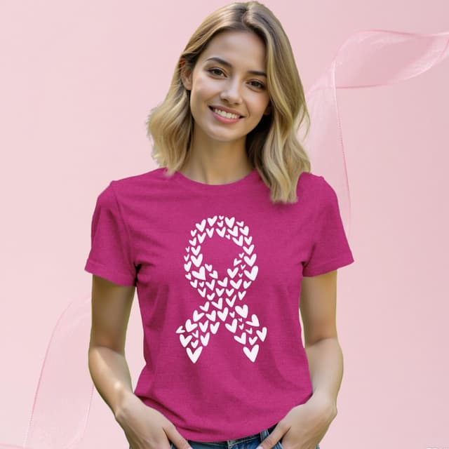 Detalle de Qskall breast cancer awareness T-shirt for women with pink ribbon & heart detail (S–XXL)