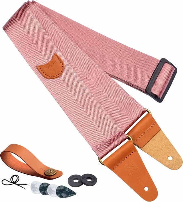Detalle de Nefelibata Gitarrengurt Vintage Nylon & Vollnarbenleder mit Plektrumtasche – Bass, E-, Akustikgitarre