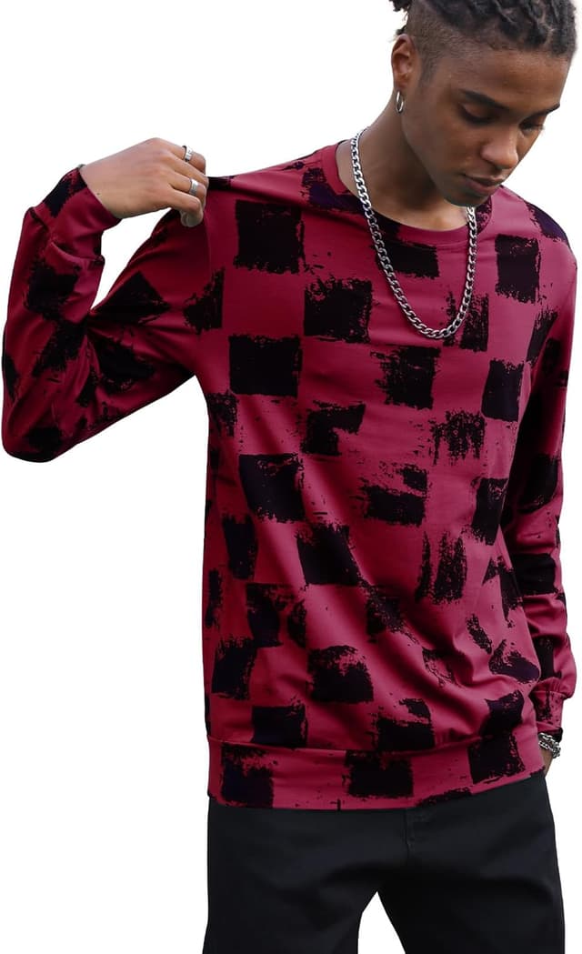 Detalle de PCEAIIH men’s checkerboard long-sleeve printed T-shirt with round neck